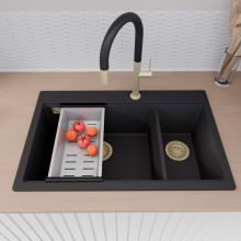 HD Aspen Black 78 kétmedencés gránit mosogatótálca szett, acél csepegtetőráccsal és kosárral, matt fekete színben, szálcsiszolt arany leeresztő szifonnal