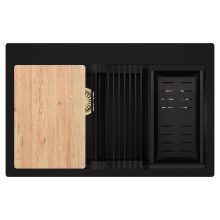 HD Aspen Black 78 kétmedencés gránit mosogatótálca szett, vágódeszkával, matt fekete csepegtetőráccsal és kosárral, matt fekete színben, szálcsiszolt arany leeresztő szifonnal