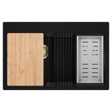 HD Aspen Black 78 kétmedencés gránit mosogatótálca szett, vágódeszkával, matt fekete csepegtetőráccsal és krómozott kosárral, matt fekete színben, szálcsiszolt arany leeresztő szifonnal