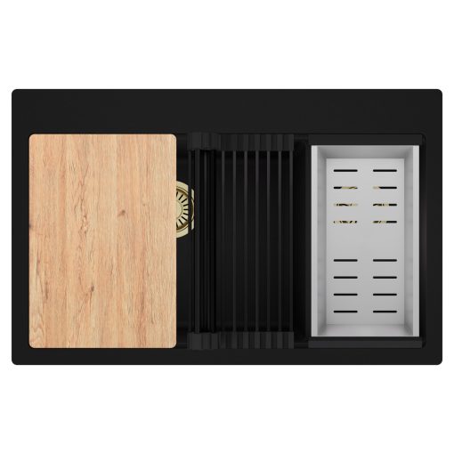 HD Aspen Black 78 kétmedencés gránit mosogatótálca szett, vágódeszkával, matt fekete csepegtetőráccsal és krómozott kosárral, matt fekete színben, szálcsiszolt arany leeresztő szifonnal