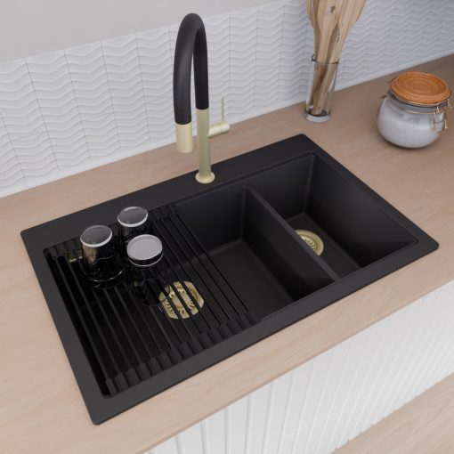 HD Aspen Black 78 kétmedencés gránit mosogatótálca szett, vágódeszkával, matt fekete csepegtetőráccsal, matt fekete színben, szálcsiszolt arany leeresztő szifonnal