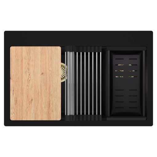 HD Aspen Black 78 kétmedencés gránit mosogatótálca szett, vágódeszkával, acél csepegtetőráccsal és matt fekete kosárral, matt fekete színben, szálcsiszolt arany leeresztő szifonnal