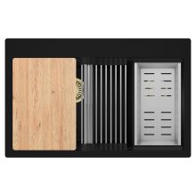 HD Aspen Black 78 kétmedencés gránit mosogatótálca szett, vágódeszkával, acél csepegtetőráccsal és kosárral, matt fekete színben, szálcsiszolt arany leeresztő szifonnal
