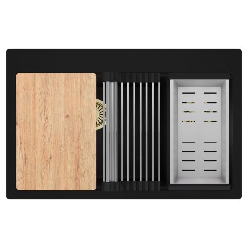 HD Aspen Black 78 kétmedencés gránit mosogatótálca szett, vágódeszkával, acél csepegtetőráccsal és kosárral, matt fekete színben, szálcsiszolt arany leeresztő szifonnal