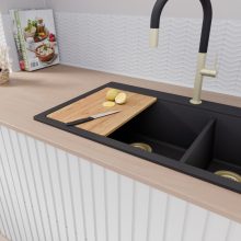 HD Aspen Black 78 kétmedencés gránit mosogatótálca szett, vágódeszkával, acél csepegtetőráccsal, matt fekete színben, szálcsiszolt arany leeresztő szifonnal