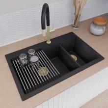 HD Aspen Black 78 kétmedencés gránit mosogatótálca szett, vágódeszkával, acél csepegtetőráccsal, matt fekete színben, szálcsiszolt arany leeresztő szifonnal