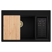 HD Aspen Black 78 kétmedencés gránit mosogatótálca szett, vágódeszkával, matt fekete csepegtetőkosárral, matt fekete színben, szálcsiszolt arany leeresztő szifonnal