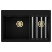 HD Aspen Black 78 kétmedencés gránit mosogatótálca szett, acél csepegtetőráccsal, matt fekete színben, szálcsiszolt arany leeresztő szifonnal