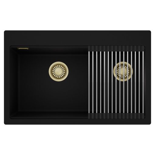 HD Aspen Black 78 kétmedencés gránit mosogatótálca szett, acél csepegtetőráccsal, matt fekete színben, szálcsiszolt arany leeresztő szifonnal
