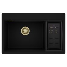 HD Aspen Black 78 kétmedencés gránit mosogatótálca szett, matt fekete csepegtetőkosárral, matt fekete színben, szálcsiszolt arany leeresztő szifonnal