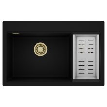 HD Aspen Black 78 kétmedencés gránit mosogatótálca szett, acél csepegtetőkosárral, matt fekete színben, szálcsiszolt arany leeresztő szifonnal