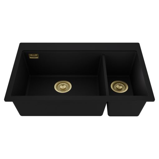 HD Aspen Black 78 kétmedencés gránit mosogatótálca, matt fekete színben, szálcsiszolt arany leeresztő szifonnal