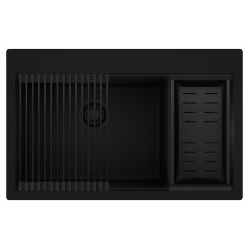 HD Aspen Black 78 kétmedencés gránit mosogatótálca szett, matt fekete csepegtetőráccsal és kosárral, matt fekete színben, matt fekete leeresztő szifonnal
