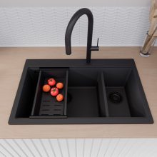 HD Aspen Black 78 kétmedencés gránit mosogatótálca szett, matt fekete csepegtetőráccsal és kosárral, matt fekete színben, matt fekete leeresztő szifonnal