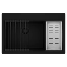 HD Aspen Black 78 kétmedencés gránit mosogatótálca szett, matt fekete csepegtetőráccsal és krómozott kosárral, matt fekete színben, matt fekete leeresztő szifonnal