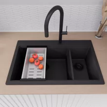 HD Aspen Black 78 kétmedencés gránit mosogatótálca szett, matt fekete csepegtetőráccsal és krómozott kosárral, matt fekete színben, matt fekete leeresztő szifonnal