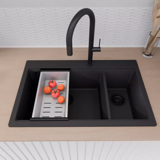 HD Aspen Black 78 kétmedencés gránit mosogatótálca szett, matt fekete csepegtetőráccsal és krómozott kosárral, matt fekete színben, matt fekete leeresztő szifonnal