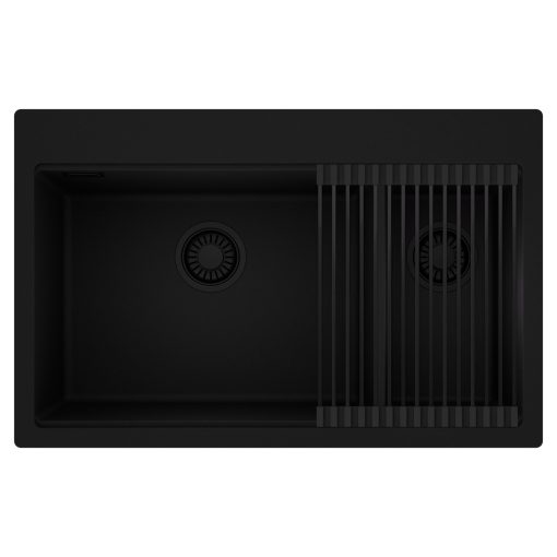 HD Aspen Black 78 kétmedencés gránit mosogatótálca szett, matt fekete csepegtetőráccsal, matt fekete színben, matt fekete leeresztő szifonnal