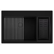 HD Aspen Black 78 kétmedencés gránit mosogatótálca szett, acél csepegtetőráccsal és matt fekete kosárral, matt fekete színben, matt fekete leeresztő szifonnal