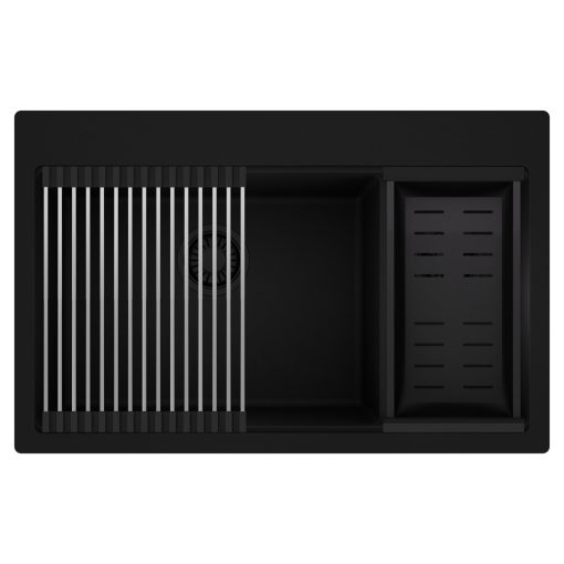 HD Aspen Black 78 kétmedencés gránit mosogatótálca szett, acél csepegtetőráccsal és matt fekete kosárral, matt fekete színben, matt fekete leeresztő szifonnal