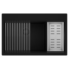 HD Aspen Black 78 kétmedencés gránit mosogatótálca szett, acél csepegtetőráccsal és kosárral, matt fekete színben, matt fekete leeresztő szifonnal