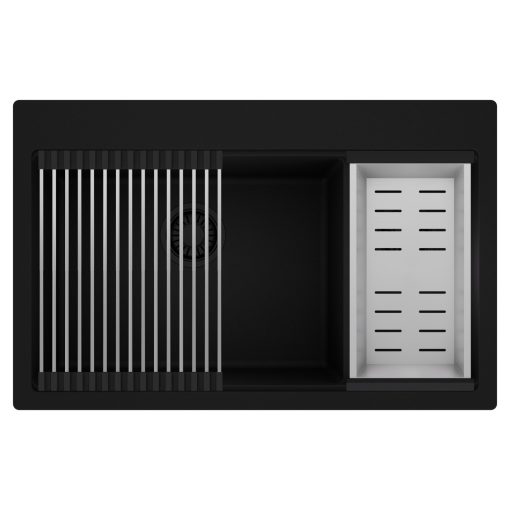 HD Aspen Black 78 kétmedencés gránit mosogatótálca szett, acél csepegtetőráccsal és kosárral, matt fekete színben, matt fekete leeresztő szifonnal