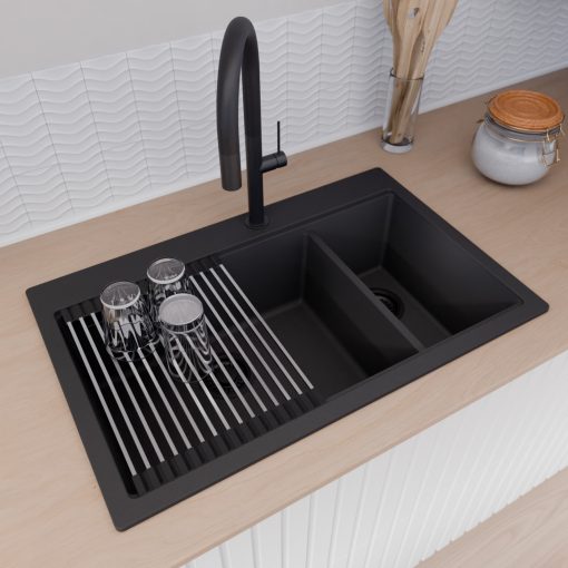 HD Aspen Black 78 kétmedencés gránit mosogatótálca szett, acél csepegtetőráccsal és kosárral, matt fekete színben, matt fekete leeresztő szifonnal