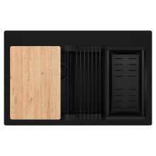 HD Aspen Black 78 kétmedencés gránit mosogatótálca szett, vágódeszkával, matt fekete csepegtetőráccsal és kosárral, matt fekete színben, matt fekete leeresztő szifonnal