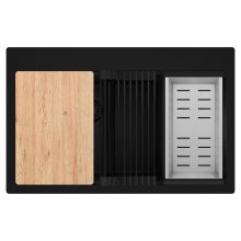 HD Aspen Black 78 kétmedencés gránit mosogatótálca szett, vágódeszkával, matt fekete csepegtetőráccsal és krómozott kosárral, matt fekete színben, matt fekete leeresztő szifonnal