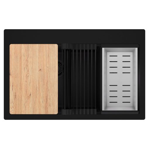 HD Aspen Black 78 kétmedencés gránit mosogatótálca szett, vágódeszkával, matt fekete csepegtetőráccsal és krómozott kosárral, matt fekete színben, matt fekete leeresztő szifonnal