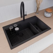 HD Aspen Black 78 kétmedencés gránit mosogatótálca szett, vágódeszkával, matt fekete csepegtetőráccsal, matt fekete színben, matt fekete leeresztő szifonnal