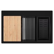 HD Aspen Black 78 kétmedencés gránit mosogatótálca szett, vágódeszkával, acél csepegtetőráccsal és matt fekete kosárral, matt fekete színben, matt fekete leeresztő szifonnal