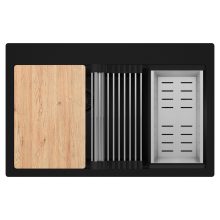 HD Aspen Black 78 kétmedencés gránit mosogatótálca szett, vágódeszkával, acél csepegtetőráccsal és kosárral, matt fekete színben, matt fekete leeresztő szifonnal