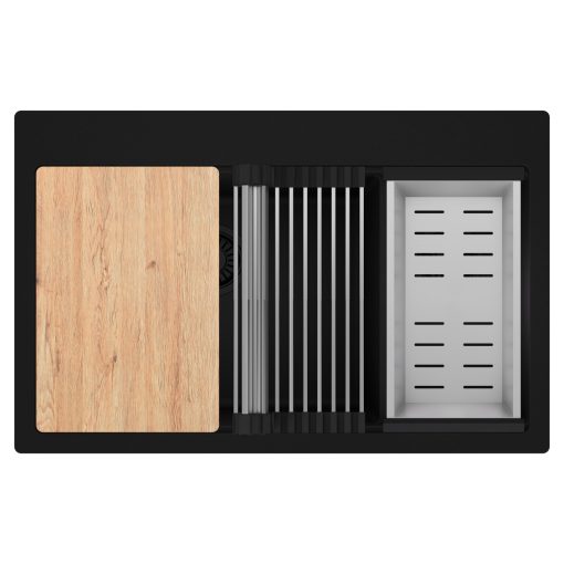 HD Aspen Black 78 kétmedencés gránit mosogatótálca szett, vágódeszkával, acél csepegtetőráccsal és kosárral, matt fekete színben, matt fekete leeresztő szifonnal