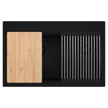 HD Aspen Black 78 kétmedencés gránit mosogatótálca szett, vágódeszkával, acél csepegtetőráccsal, matt fekete színben, matt fekete leeresztő szifonnal