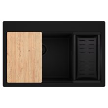 HD Aspen Black 78 kétmedencés gránit mosogatótálca szett, vágódeszkával, matt fekete csepegtetőkosárral, matt fekete színben, matt fekete leeresztő szifonnal