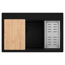 HD Aspen Black 78 kétmedencés gránit mosogatótálca szett, vágódeszkával, acél csepegtetőkosárral, matt fekete színben, matt fekete leeresztő szifonnal