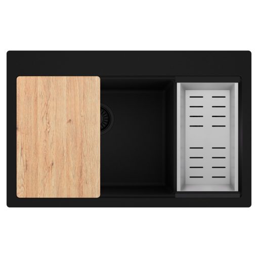 HD Aspen Black 78 kétmedencés gránit mosogatótálca szett, vágódeszkával, acél csepegtetőkosárral, matt fekete színben, matt fekete leeresztő szifonnal