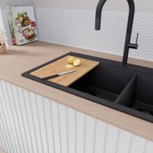 HD Aspen Black 78 kétmedencés gránit mosogatótálca szett, vágódeszkával, acél csepegtetőkosárral, matt fekete színben, matt fekete leeresztő szifonnal