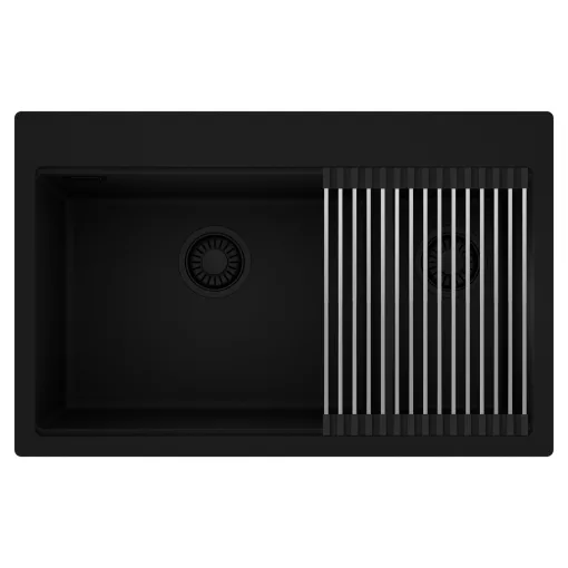 HD Aspen Black 78 kétmedencés gránit mosogatótálca szett, acél csepegtetőráccsal, matt fekete színben, matt fekete leeresztő szifonnal