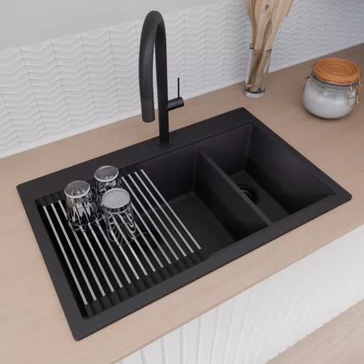 HD Aspen Black 78 kétmedencés gránit mosogatótálca szett, acél csepegtetőráccsal, matt fekete színben, matt fekete leeresztő szifonnal
