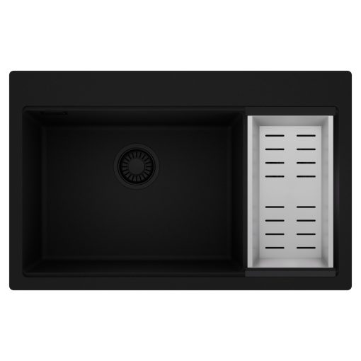 HD Aspen Black 78 kétmedencés gránit mosogatótálca szett, acél csepegtetőkosárral, matt fekete színben, matt fekete leeresztő szifonnal