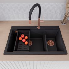 HD Aspen Black 78 kétmedencés gránit mosogatótálca szett, matt fekete csepegtetőráccsal és kosárral, matt fekete színben, szálcsiszolt réz leeresztő szifonnal