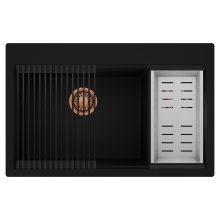 HD Aspen Black 78 kétmedencés gránit mosogatótálca szett, matt fekete csepegtetőráccsal és krómozott kosárral, matt fekete színben, szálcsiszolt réz leeresztő szifonnal