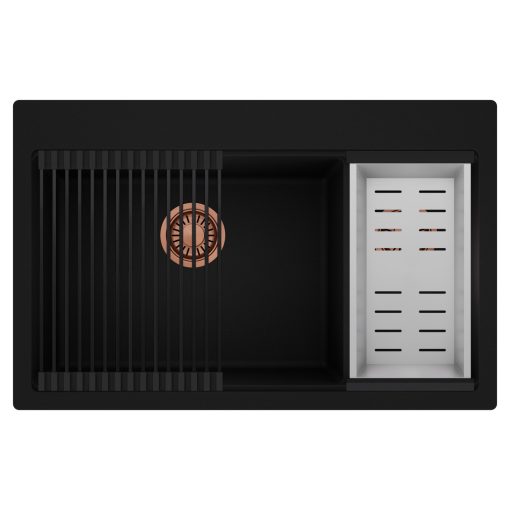 HD Aspen Black 78 kétmedencés gránit mosogatótálca szett, matt fekete csepegtetőráccsal és krómozott kosárral, matt fekete színben, szálcsiszolt réz leeresztő szifonnal