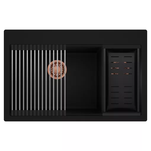 HD Aspen Black 78 kétmedencés gránit mosogatótálca szett, acél csepegtetőráccsal és matt fekete kosárral, matt fekete színben, szálcsiszolt réz leeresztő szifonnal