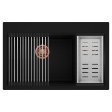 HD Aspen Black 78 kétmedencés gránit mosogatótálca szett, acél csepegtetőráccsal és kosárral, matt fekete színben, szálcsiszolt réz leeresztő szifonnal