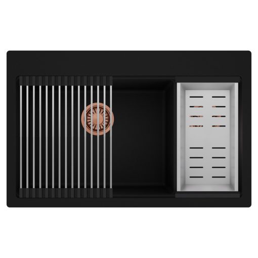 HD Aspen Black 78 kétmedencés gránit mosogatótálca szett, acél csepegtetőráccsal és kosárral, matt fekete színben, szálcsiszolt réz leeresztő szifonnal