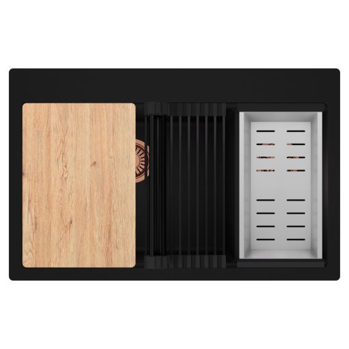 HD Aspen Black 78 kétmedencés gránit mosogatótálca szett, vágódeszkával, matt fekete csepegtetőráccsal és krómozott kosárral, matt fekete színben, szálcsiszolt réz leeresztő szifonnal