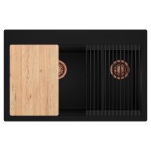 HD Aspen Black 78 kétmedencés gránit mosogatótálca szett, vágódeszkával, matt fekete csepegtetőráccsal, matt fekete színben, szálcsiszolt réz leeresztő szifonnal